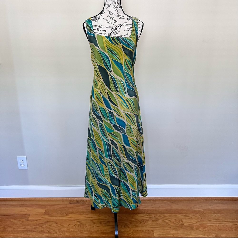 Dana Buchman Green and Blue Patterned Maxi Dress 100% Silk